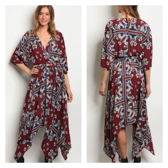 Dresses & Skirts - 1 Left! Wine Floral Print Handkerchief Midi Dress